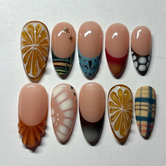 Retro Floral Press On Nails | Nude Abstract Fall Nails | Artsy Mix Match Gel Nails