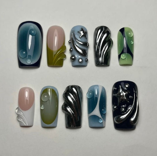 3D Abstract Press On Nails | Blue Green Chrome Swirl Nails | Celestial Star Gel Nails