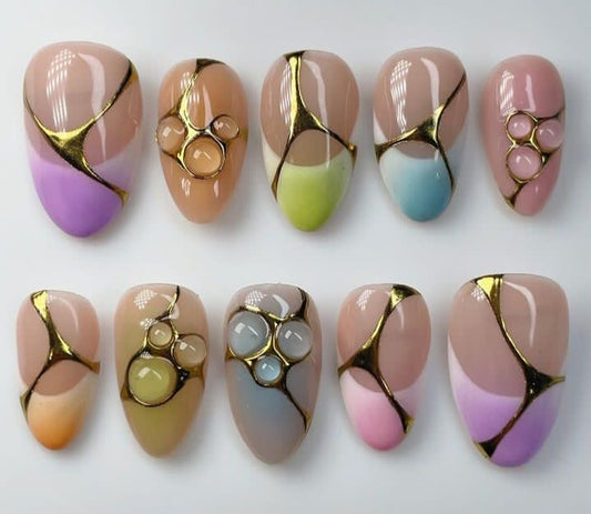 Abstract Nude Almond Press On Nails | Pastel Colorful French  Tips | 3D Bubble Nail Art