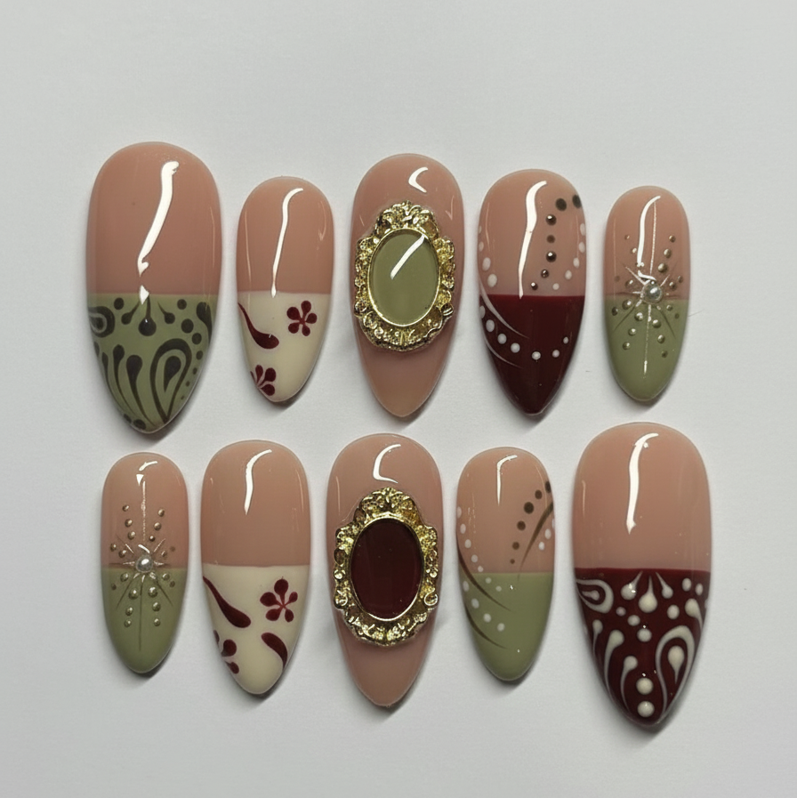 Handmade Boho Press On Nails | Nude Almond Shape Olive Green Burgundy Nails | Vintage Gold Frame Nail Set