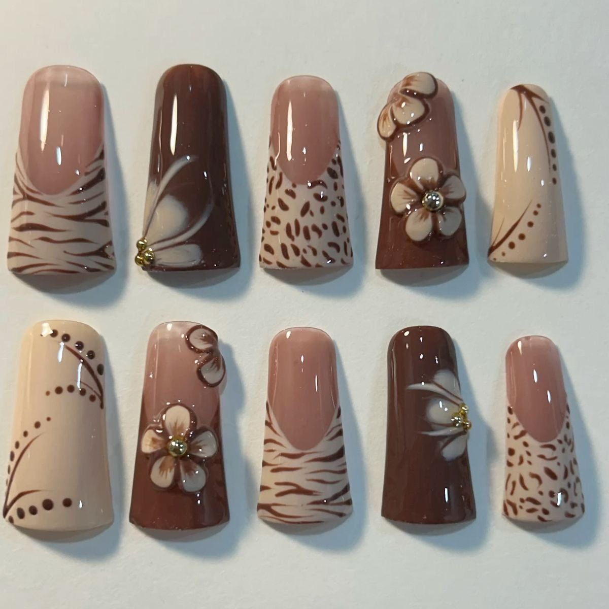 Brown Nude Square Press On Nails | Floral and Leopard Print Design Nail Set