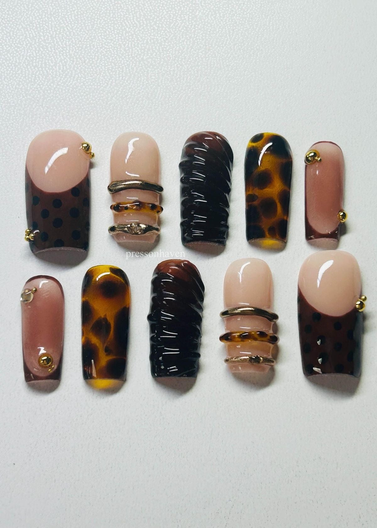 Luxury Press On Nails | Neutral Brown Tortoiseshell Nails | Gold Ring Detail Almond Fake Nails