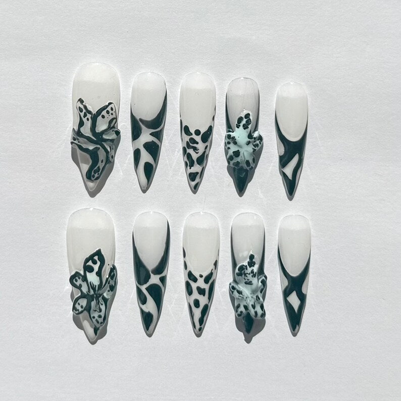 3D Green Abstract Stiletto Press On Nails | White Base with Floral & Pattern Accents