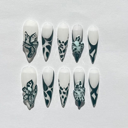 3D Green Abstract Stiletto Press On Nails | White Base with Floral & Pattern Accents