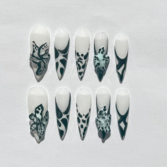 3D Green Abstract Stiletto Press On Nails | White Base with Floral & Pattern Accents