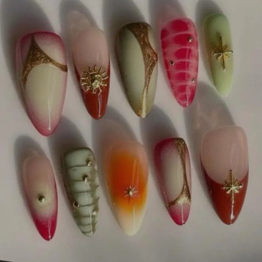 Luxury Fall Stiletto Press On Nails | Autumn Abstract Nail Design | Earth Tone Nails with Olive Rust Pink Gold Detail