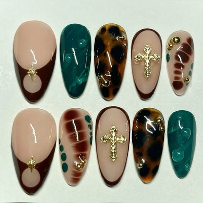Handmade Fall Stiletto Press On Nails | Gold Cross Accent Nails | Tortoiseshell Nude Brown Green Nail Art