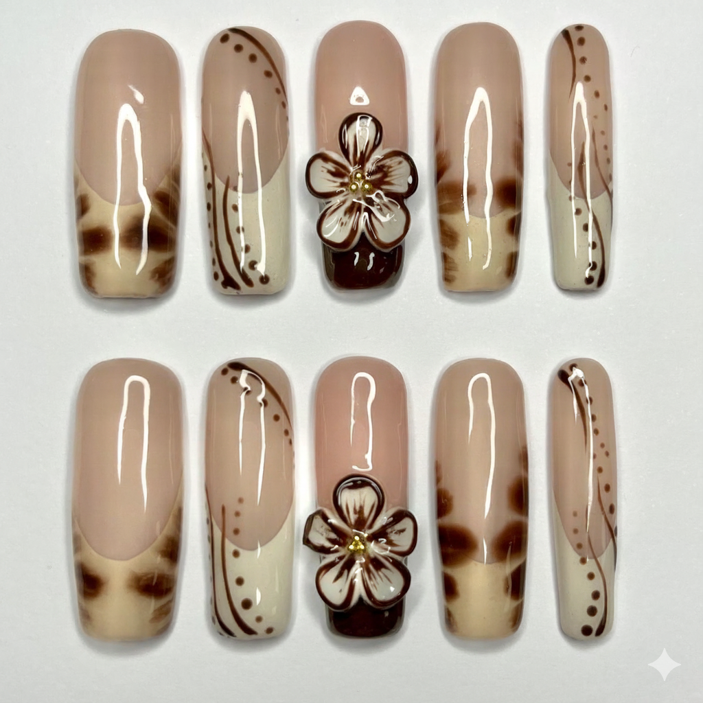 Minimalist Coffin Nude Press On Nails | Brown Abstract Floral Nail Art Design| 3D Flower Accent Nails