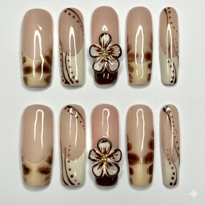 Minimalist Coffin Nude Press On Nails | Brown Abstract Floral Nail Art Design| 3D Flower Accent Nails