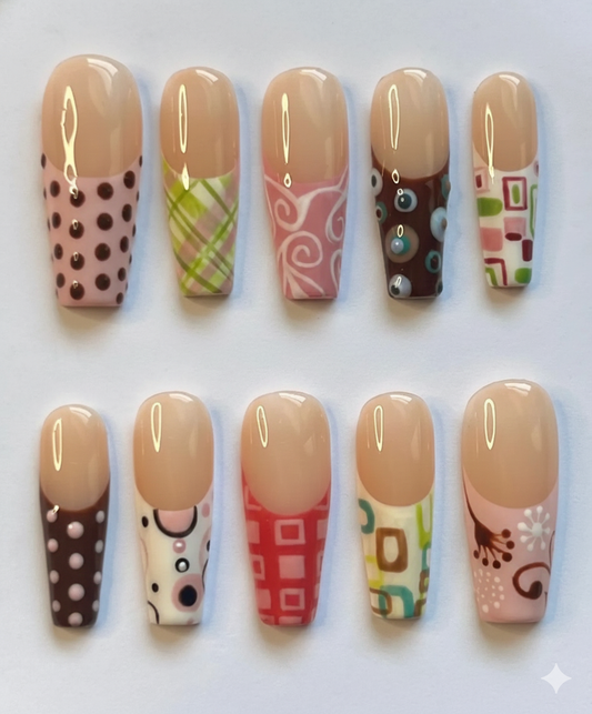 Modern Retro Coffin Press On Nails | Nude Brown Pink 70s Abstract Nail Art Design