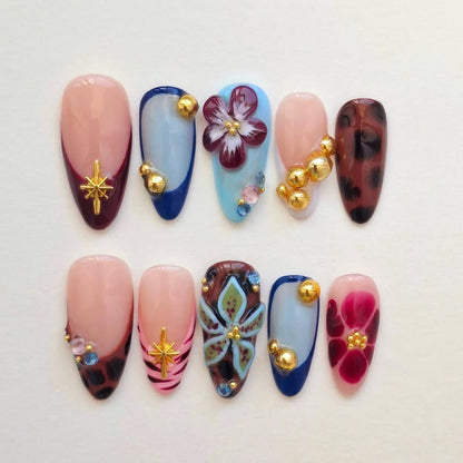 3D Flower Press On Nails | Nude Pink And Blue Gel Fake Nails | Gold Stud Charm Nail Art