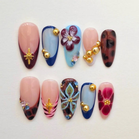 3D Flower Press On Nails | Nude Pink And Blue Gel Fake Nails | Gold Stud Charm Nail Art