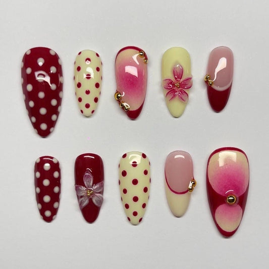 Valentine Special Press On Nails |Red Cream Polka Dot Nail Art | Romantic Pink Floral Accent Gel Nails