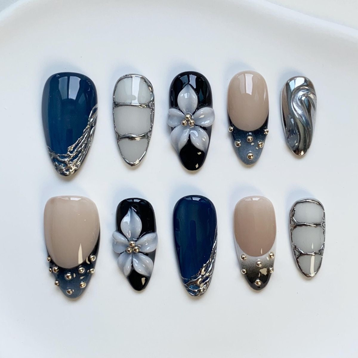 Luxury Blue Almond Floral Design Press On Nails | 3D Flower and Silver Chrome Gel Nail Art