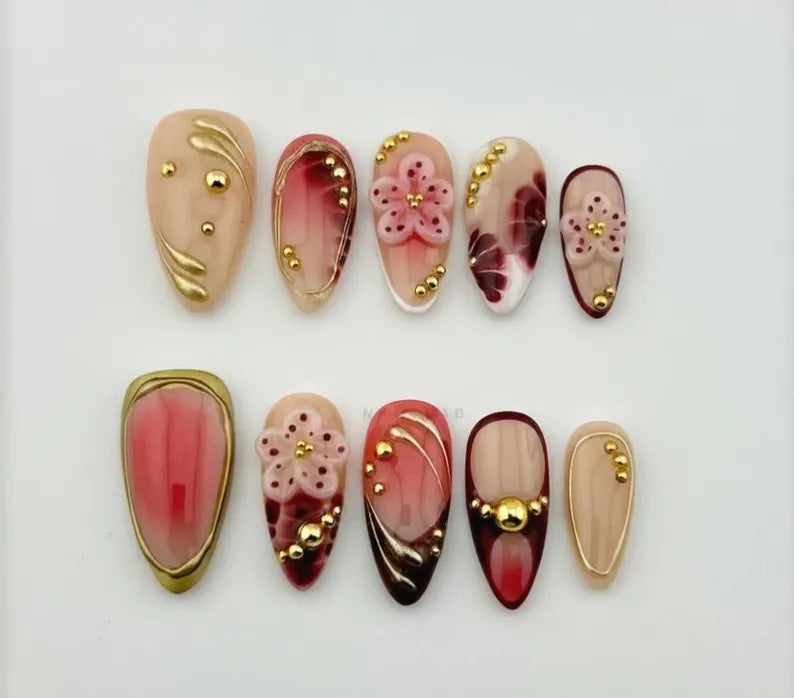 Romantic Red Press On Nails | Nude Gel Nails with Gold Details | 3D Floral Luxury Reusable Nail Set