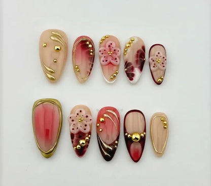 Romantic Red Press On Nails | Nude Gel Nails with Gold Details | 3D Floral Luxury Reusable Nail Set