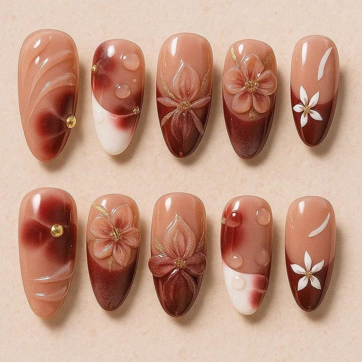 Handmade Nude Brown Press On Nails | Luxury Reusable Gel Nails with Floral Art and Gold Details