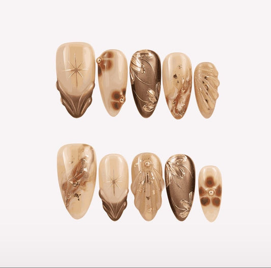 Neutral Brown Almond Press On Nails | 3D Gold Foil ,Leaf And Floral Nail Art
