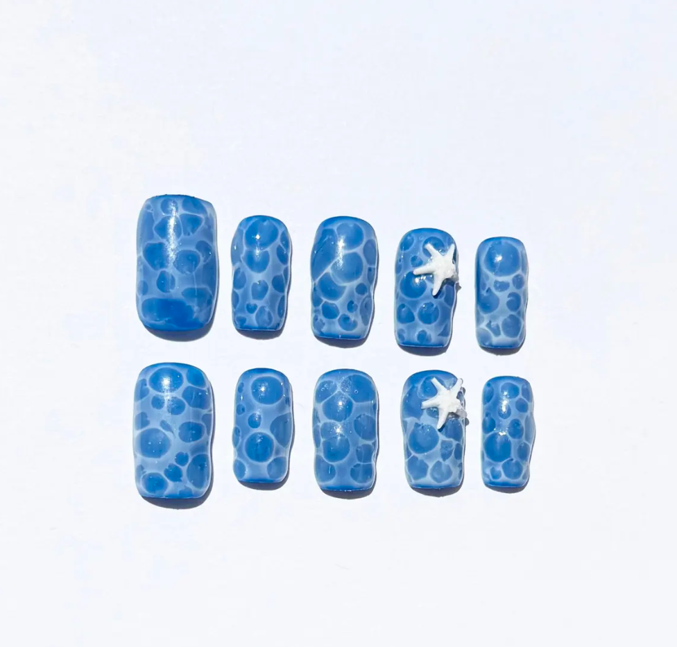 Ocean Bubble Blue Press On Nails |3D Water Effect with White Starfish Accent |Sea Wave Short Square Nail Set