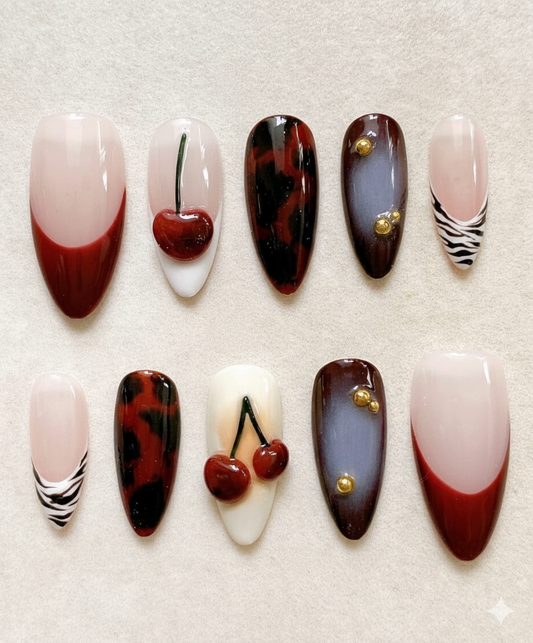 Cherry Press On Nails | Neutral Brown Almond Nails | Tortoiseshell & Zebra Tip Design Nail Set