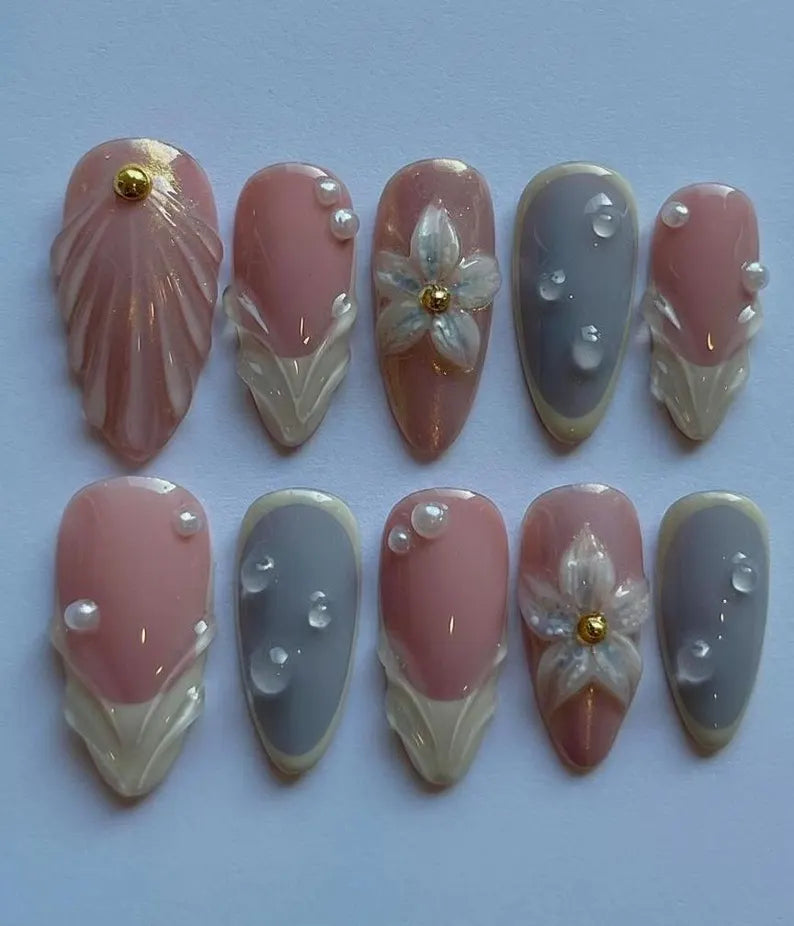 Soft Pink Bridal Press On Nails | 3D Flower Pearl And Bubble Nails | Nude Gray Almond Gel Fake Nails