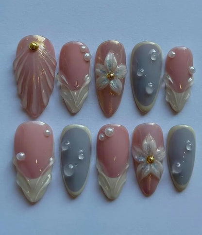 Soft Pink Bridal Press On Nails | 3D Flower Pearl And Bubble Nails | Nude Gray Almond Gel Fake Nails