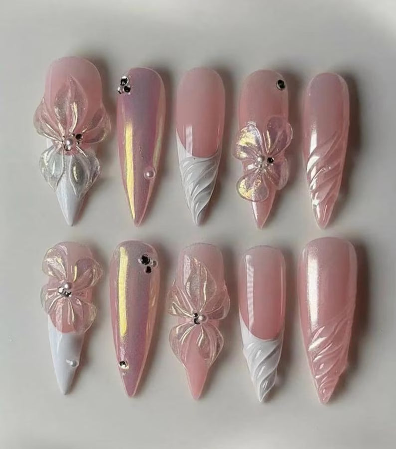 Pink 3D Flower Press On Nails | Stiletto Acrylic Nails | Pearl Chrome Floral Nails