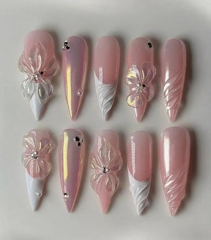 Pink 3D Flower Press On Nails | Stiletto Acrylic Nails | Pearl Chrome Floral Nails