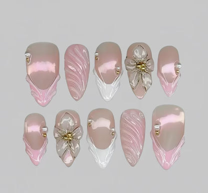 Soft Pink Nude Almond Press On Nails | 3D Gel Flower Nail Art | Handmade Luxury Fake Nails