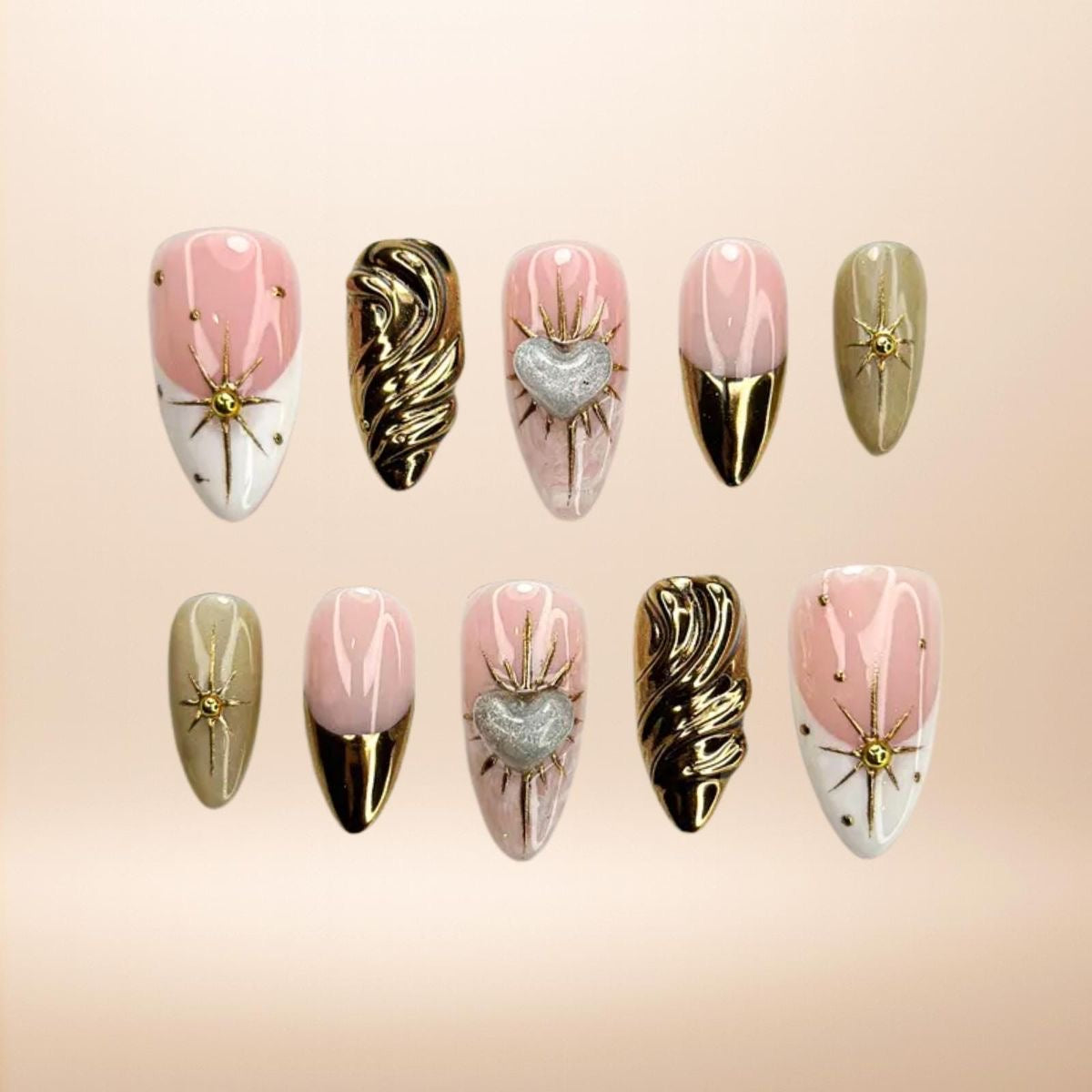 Luxury Pink Gold Press On Nails | 3D Sacred Heart Chrome Nail Art | Handmade Celestial Star Almond Fake Nails