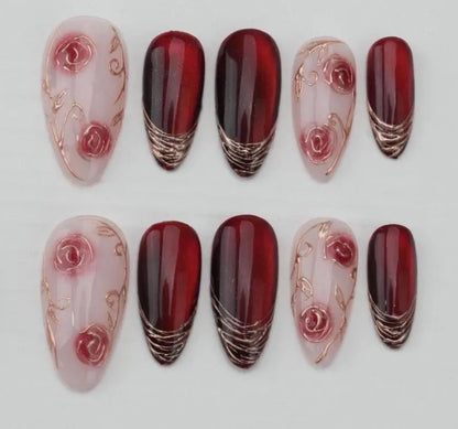 Romantic Burgundy Press On Nails | 3D Rose Floral Gel Art With Gold Details | Handmade Luxury Red Almond Fake Nails