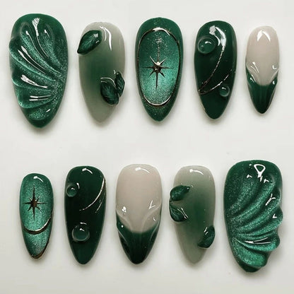 Emerald Green Almond Press On Nails | 3D Gel Forest Leaf Nail Art | Handmade Luxury Christmas Fake Nails