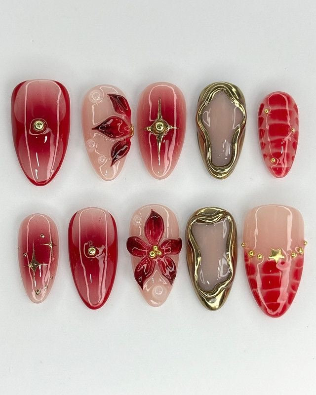 Red Nude Press On Nails | 3D Gel Floral Nails | Gold Chrome Accent Nails