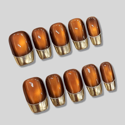 Brown Ombre Press On Nails with Gold French Tips | Luxury Handmade Short Square Gel Nails