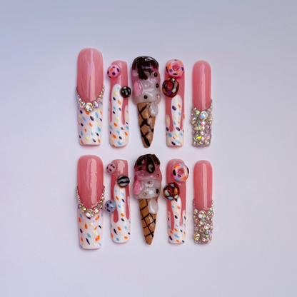 3D Kawaii Ice Cream Press-On Nails – Sprinkle & Rhinestone Dessert Set