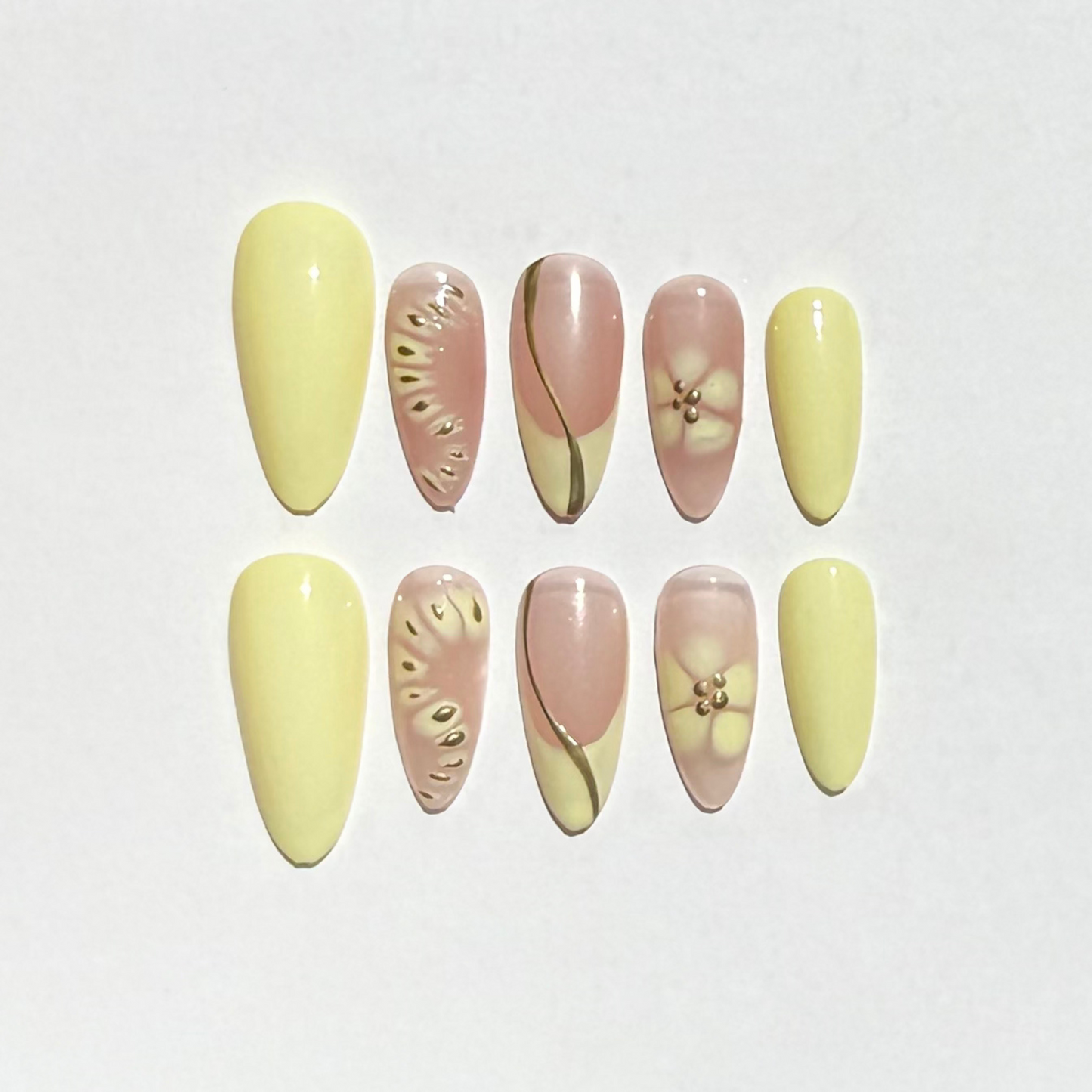 Pastel Yellow & Nude Floral Press-On Nails – Spring Almond Handmade Set