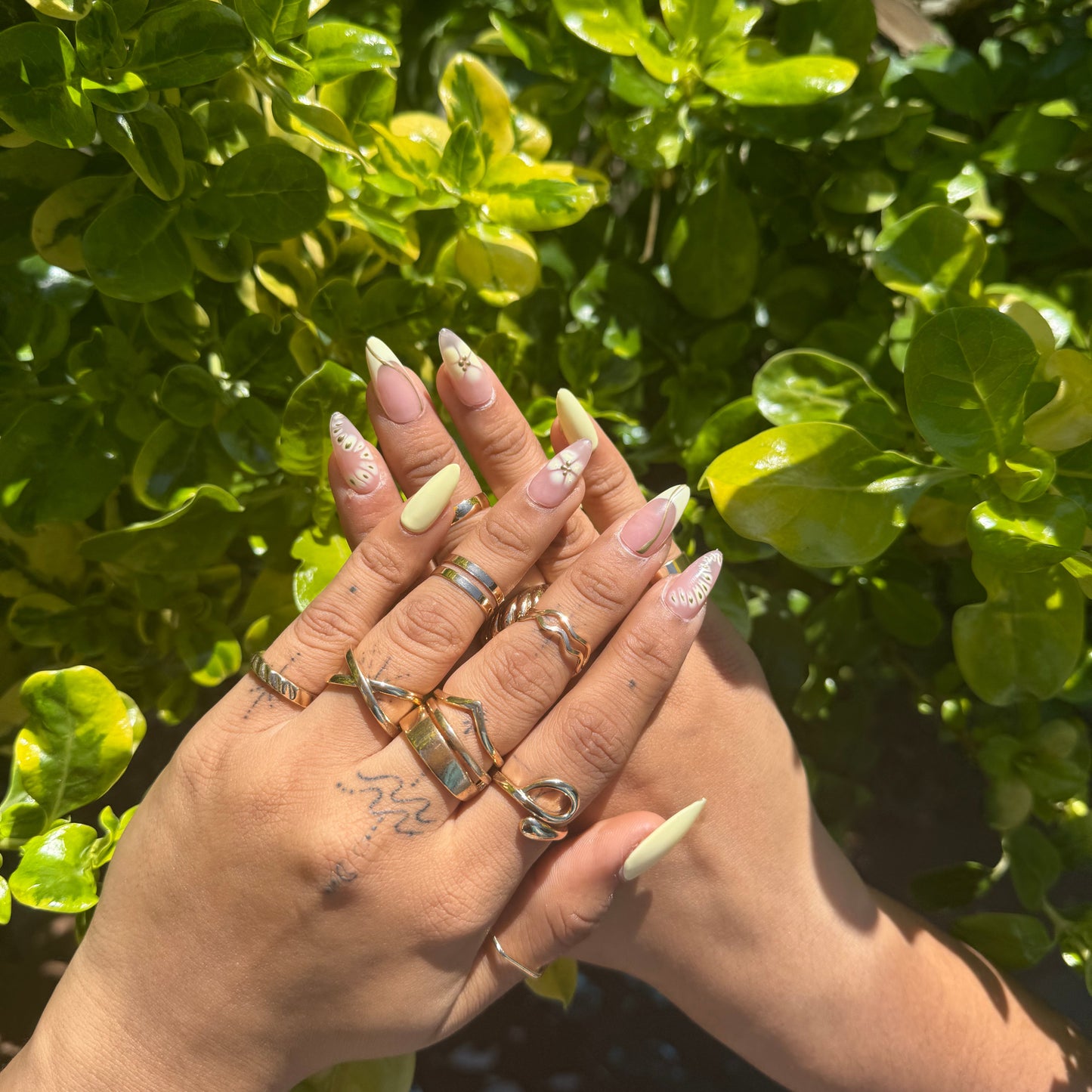 Pastel Yellow & Nude Floral Press-On Nails – Spring Almond Handmade Set