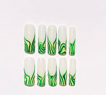 Summer Green Swirl Press On Nails |Abstract Wavy Nail Art| Handmade Coffin Nail Set