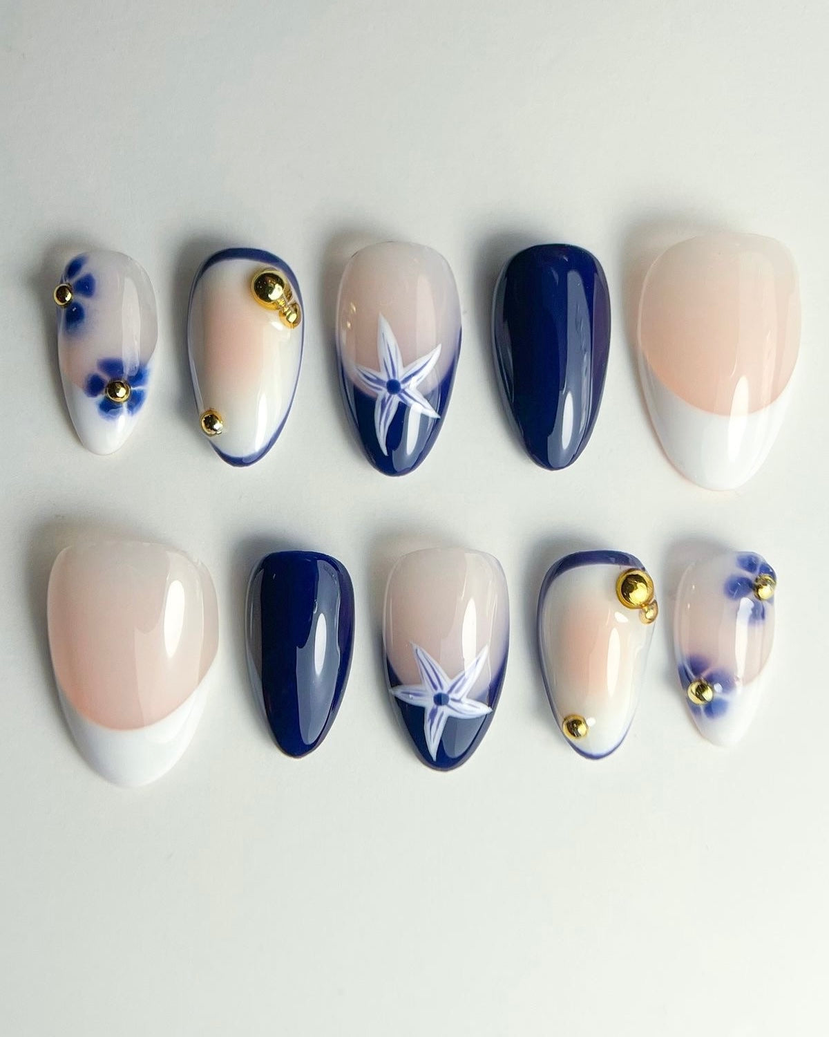 Blue & Nude French Tip Press-On Nails – Starfish & Gold Charm Handmade Set