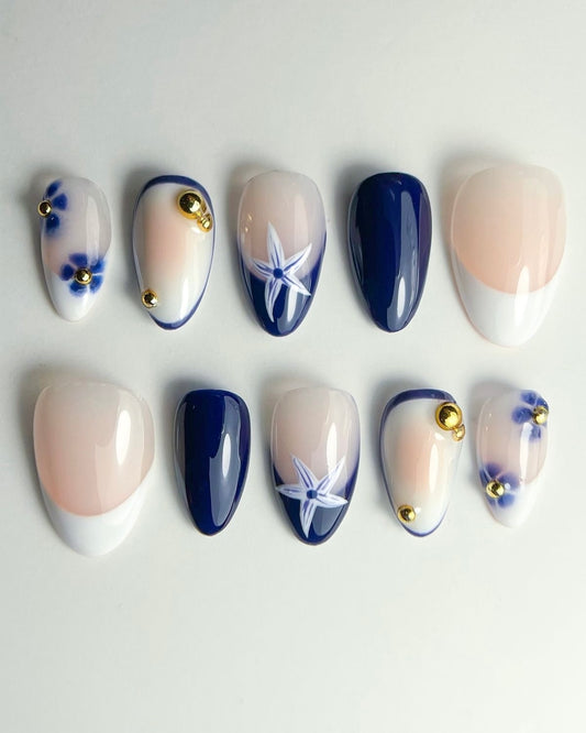 Blue & Nude French Tip Press-On Nails – Starfish & Gold Charm Handmade Set