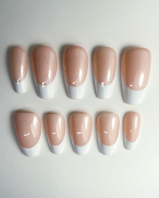 Nude Pink French Tip Press-On Nails – Short Coffin Glossy White Tip Set