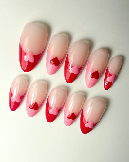Valentine’s Heart Press-On Nails – Red Pink Ombre French Tip Almond Set