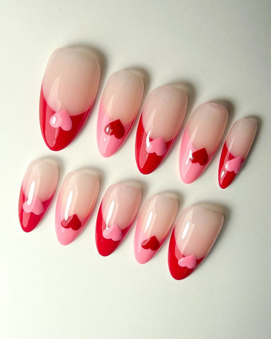 Valentine’s Heart Press-On Nails – Red Pink Ombre French Tip Almond Set