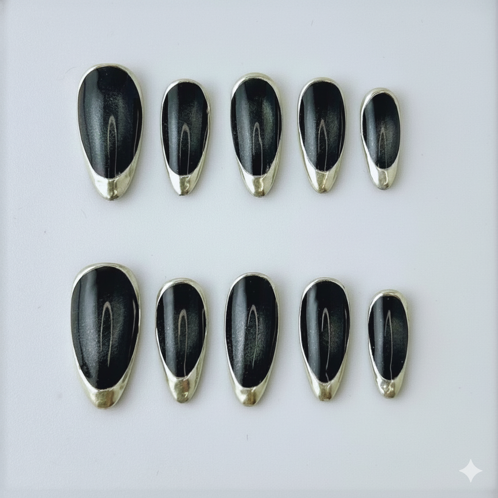 Black Chrome Press-On Nails – Gold Frame Almond Luxury Glossy Party Set