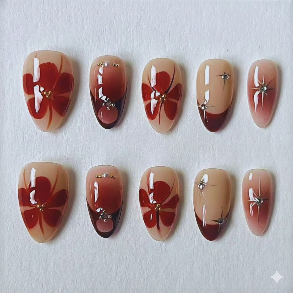 Red Autumn Floral Press-On Nails – Hand-Painted Fall Ombre Glossy Reusable Set