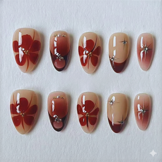 Red Autumn Floral Press-On Nails – Hand-Painted Fall Ombre Glossy Reusable Set