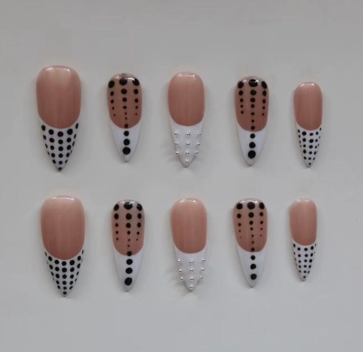 Nude White Polka Dot Press-On Nails – Almond French Tip Chic Black Dot Set