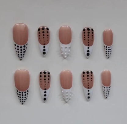 Nude White Polka Dot Press-On Nails – Almond French Tip Chic Black Dot Set