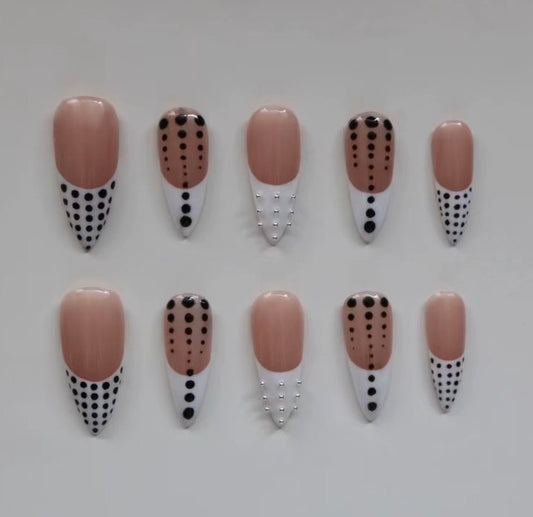 Nude White Polka Dot Press-On Nails – Almond French Tip Chic Black Dot Set