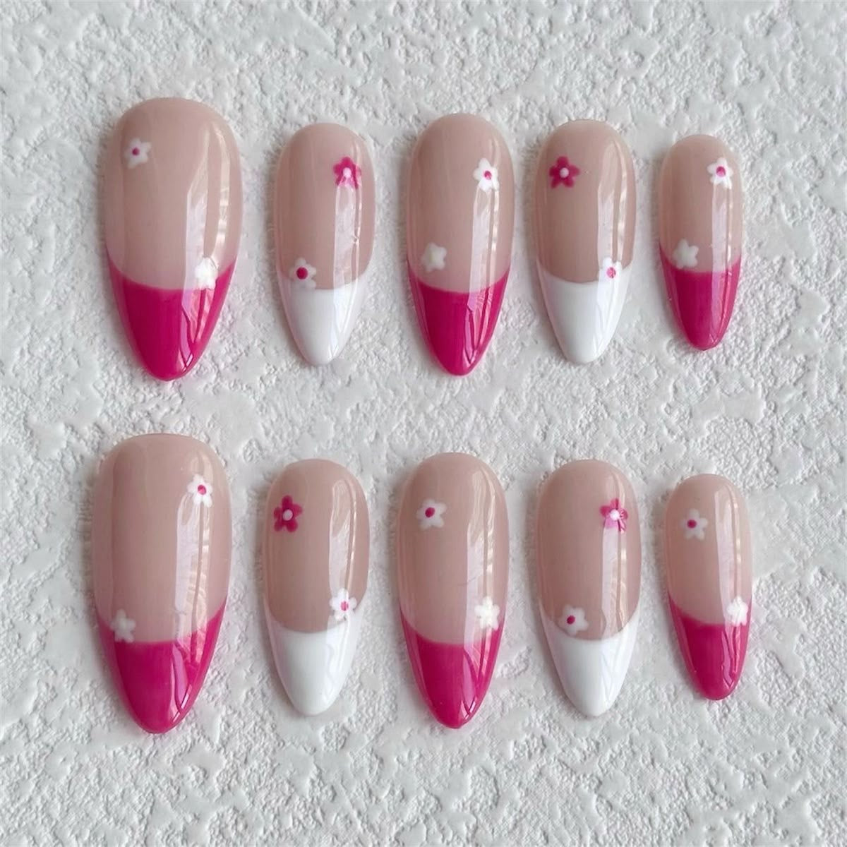 Pink & White French Tip Press-On Nails – Nude Almond Floral Gel Handmade Set